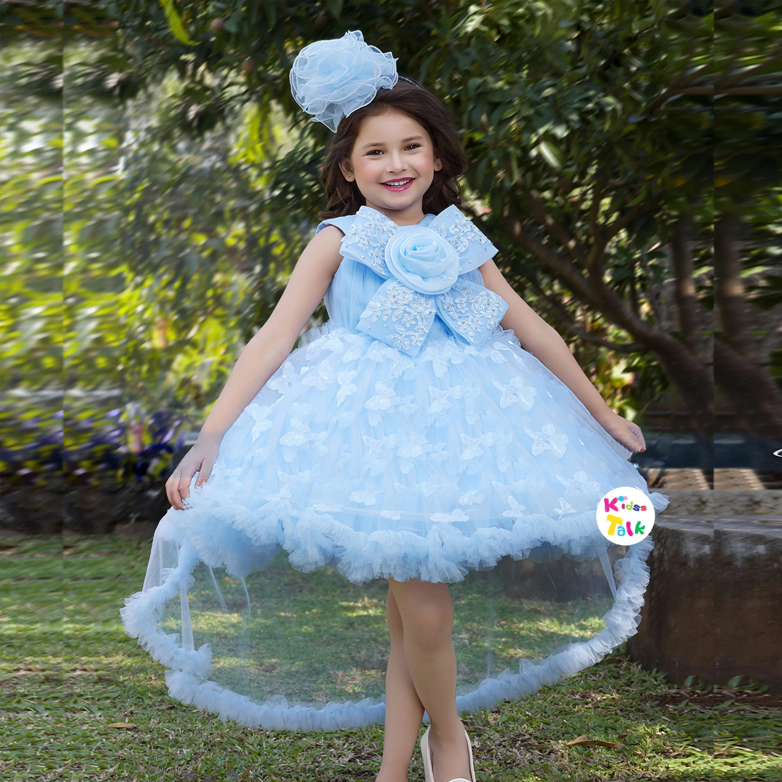 Net Sleeveless Party Frock With Flower Applique - Ice Blue